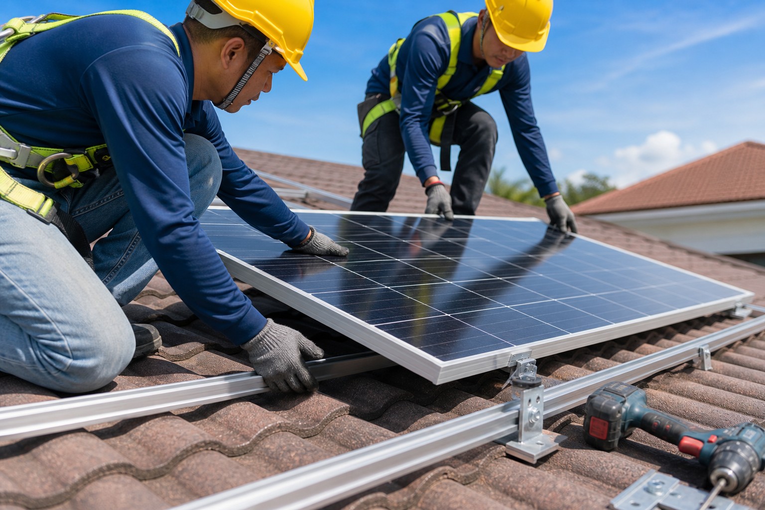 Installers fitting solar panels on a roof