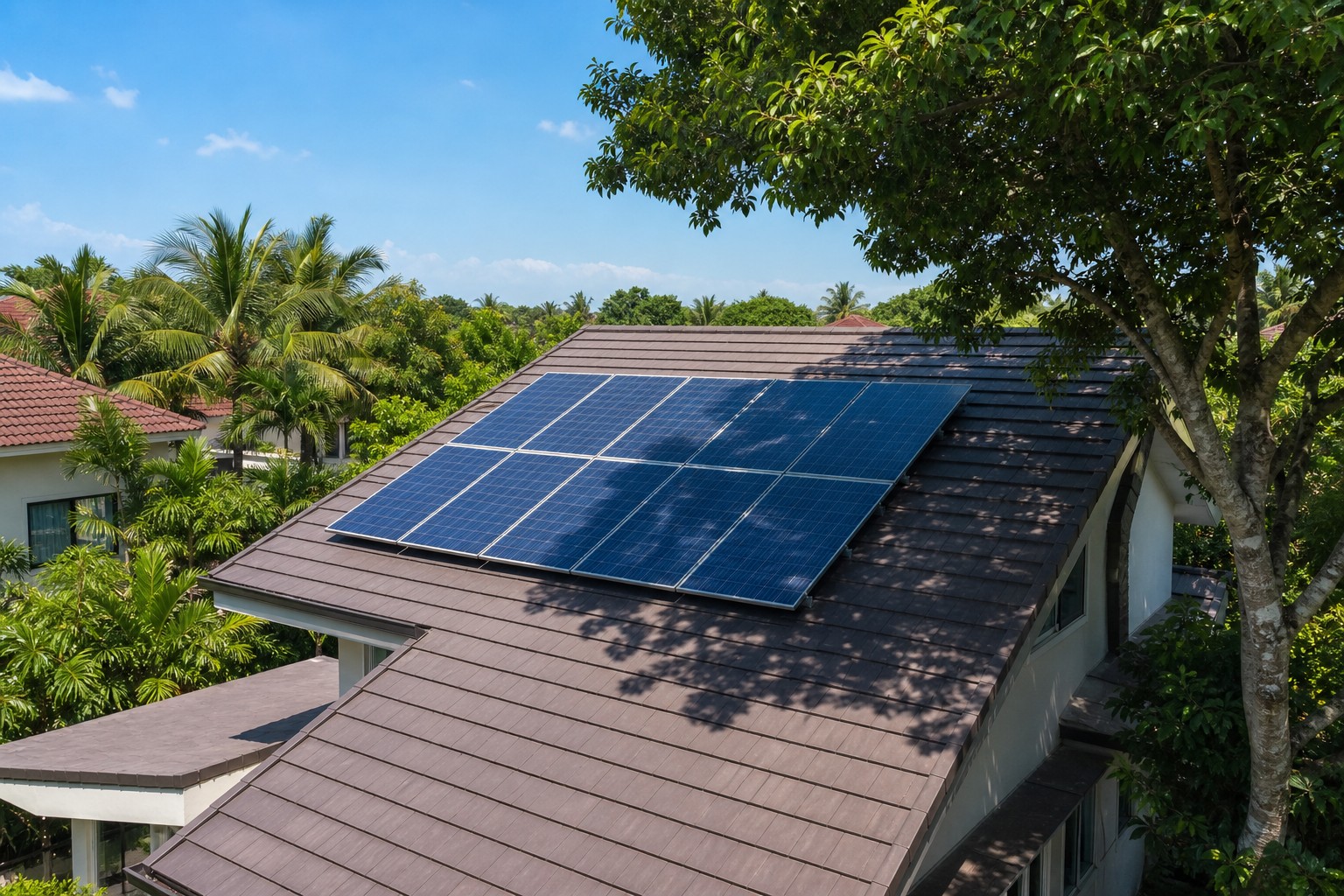 Installers planning a solar layout on a partially shaded roof